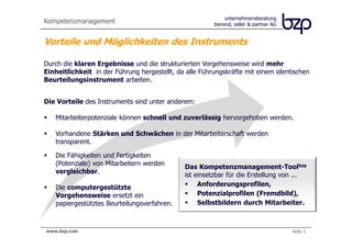 Kompetenzmanagement                                           unternehmensberatung
                                                         bierend, zeller & partner AG


Vorteile und Möglichkeiten des Instruments

Durch die klaren Ergebnisse und die strukturierten Vorgehensweise wird mehr
Einheitlichkeit in der Führung hergestellt, da alle Führungskräfte mit einem identischen
Beurteilungsinstrument arbeiten.


Die Vorteile des Instruments sind unter anderem:

   Mitarbeiterpotenziale können schnell und zuverlässig hervorgehoben werden.

   Vorhandene Stärken und Schwächen in der Mitarbeiterschaft werden
   transparent.

   Die Fähigkeiten und Fertigkeiten
   (Potenziale) von Mitarbeitern werden
                                              Das Kompetenzmanagement-Toolbzp
   vergleichbar.
                                              ist einsetzbar für die Erstellung von ...
   Die computergestützte                           Anforderungsprofilen,
   Vorgehensweise ersetzt ein                      Potenzialprofilen (Fremdbild),
   papiergestütztes Beurteilungsverfahren.         Selbstbildern durch Mitarbeiter.



www.bzp.com
 