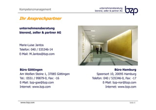 Kompetenzmanagement                           unternehmensberatung
                                         bierend, zeller & partner AG


Ihr Ansprechpartner

unternehmensberatung
bierend, zeller & partner AG



Marie-Luise Jantos
Telefon: 040 / 535346-14
E-Mail: M.Jantos@bzp.com




Büro Göttingen                                         Büro Hamburg
Am Weißen Steine 1, 37085 Göttingen       Speersort 10, 20095 Hamburg
Tel.: 0551 / 99879-0, Fax: -16        Telefon: 040 / 535346-0, Fax: -17
E-Mail: bzp-goe@bzp.com                       E-Mail: bzp-nor@bzp.com
Internet: www.bzp.com                           Internet: www.bzp.com




www.bzp.com
 