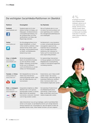 DirectFocus




Die wichtigsten Social-Media-Plattformen im Überblick                                                              4 %
                                                                                                                   der befragten Konsumenten
                                                                                                                   sind für Werbebotschaften
                                                                                                                   empfänglich, während sie sich
Plattform                       Einsatzgebiet                            Vor-/Nachteile                            in den sozialen Netzwerken
                                                                                                                   bewegen. 48 Prozent der Ver-
Facebook                        Facebook eignet sich für den             Wer auf Facebook aktiv ist, muss          treter der Schweizer Werbe-
www.facebook.com                direkten Kontakt mit Dialog- und         mit seinen Fans kommunizieren und         wirtschaft halten das Potenzial
                                Zielgruppen, Sonderpromotionen           zwar regelmässig und in nützlicher        von Werbung über Social-Media-
                                und Empfehlungsmarketing. Auf            Frist. Genügend personelle Ressourcen     Kanäle daher für überschätzt.
                                der Profilseite lassen sich Fotos        sind unabdingbar.                         (Quelle: publisuisse, Medien der
                                veröffentlichen und Videos oder                                                    Zukunft 2017)
                                Blogeinträge einbinden.

Twitter                         Der Microblogging-Dienst ist ein         Die Bereitschaft, in eine Interaktion
www.twitter.com                 idealer Multiplikator, um Nach-          zu treten und personelle Ressourcen
                                richten schnell zu verbreiten. Unter-    vorausgesetzt, eignet sich das
                                nehmen können Twitter zudem              kostenlose Tool zur Echtzeitsuche
                                als Dialog- und Servicekanal sowie       und zur schnellen Nachrichten-
                                zur Markt- und Wettbewerbs-              verbreitung. Sehr interessant ist
                                beobachtung nutzen.                      Twitter auch für Unternehmen, die
                                                                         einen eigenen Blog betreiben.

Xing und Linkedin               Mit den Businessplattformen              Für regional tätige Unternehmen
www.xing.com                    lassen sich persönliche Kontakte         ist Xing gut geeignet; eine Premium-
www.linkedin.com                aus dem beruflichen Umfeld               Mitgliedschaft ist kostenpflichtig.
                                pflegen. Interessant sind die Platt-     Linkedin ist international ausgerichtet
                                formen auch im HR-Bereich                und bislang kostenlos.
                                und für die Teilnahme an und den
                                Aufbau von Themengruppen.



Youtube und Vimeo               Mit Videoplattformen können die          Kostenintensiv, wenn Videos erstellt
www.youtube.com                 Stärken des Unternehmens                 werden müssen. Wer sowieso
www.vimeo.com                   audiovisuell gezeigt werden. Jeder       Videos einsetzt, sollte diese über die
                                kann die Videos bewerten und             kostenlosen Plattformen veröffent-
                                kommentieren.                            lichen. Sie können direkt in die
                                                                         Firmenwebsite eingebunden werden.



Flickr und Instagram            Fotoportale ermöglichen es, Bilder       Die kostenlosen Portale können
www.flickr.com                  öffentlich oder nur für gewisse          eine Bilddatenbankfunktion
www.instagram.com               Nutzergruppen sichtbar zu machen.        wahrnehmen. Zudem können
                                Bilder können hier bearbeitet,           Bilder via RSS-Feed in die Firmen-
                                kommentiert, strukturiert, favorisiert   website eingebunden werden.
                                und mit Tags versehen werden.



                                Jedes Unternehmen muss sich gut überlegen, welche Social-Media-Platt-
                                formen zu ihm passen. Je nach Bedürfnis können auch weniger bekannte
                                Dienste interessant sein. Entscheidend ist, dass die eigenen Kunden die
                                gewählten Dienste nutzen. Daher flexibel monitoren und rasch reagieren.




8   DirectNews | Februar 2012
 