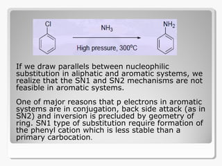 If we draw parallels between nucleophilic
substitution in aliphatic and aromatic systems, we
realize that the SN1 and SN2 mechanisms are not
feasible in aromatic systems.
One of major reasons that p electrons in aromatic
systems are in conjugation, back side attack (as in
SN2) and inversion is precluded by geometry of
ring. SN1 type of substitution require formation of
the phenyl cation which is less stable than a
primary carbocation.
 