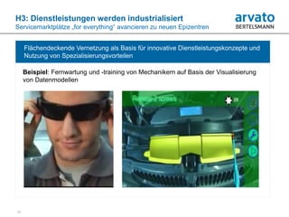 H3: Dienstleistungen werden industrialisiert
Servicemarktplätze „for everything“ avancieren zu neuen Epizentren


     Flächendeckende Vernetzung als Basis für innovative Dienstleistungskonzepte und
     Nutzung von Spezialisierungsvorteilen

     Beispiel: Fernwartung und -training von Mechanikern auf Basis der Visualisierung
     von Datenmodellen




11
 