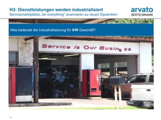 H3: Dienstleistungen werden industrialisiert
Servicemarktplätze „for everything“ avancieren zu neuen Epizentren



Was bedeutet die Industrialisierung für IHR Geschäft?




13
 