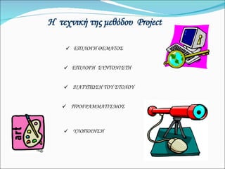 Η  τεχνική της μεθόδου  Project ΕΠΙΛΟΓΗ ΘΕΜΑΤΟΣ ΕΠΙΛΟΓΗ  ΣΥΝΤΟΝΙΣΤΗ ΔΙΑΤΥΠΩΣΗ ΤΟΥ ΣΤΟΧΟΥ ΠΡΟΓΡΑΜΜΑΤΙΣΜΟΣ ΥΛΟΠΟΙΗΣΗ 