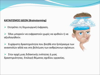 ΚΑΤΑΙΓΙΣΜΟΣ ΙΔΕΩΝ (Brainstorming) Επιτρέπει τη δημιουργική έκφραση.  Όλοι μπορούν να εκφραστούν χωρίς να κριθούν ή να αξιολογηθούν.  Ευχάριστη δραστηριότητα που βοηθά στο ξεπέρασμα των αναστολών αλλά και στη βελτίωση των ανθρώπινων σχέσεων. Στην αρχή μιας διδακτικής ενότητας ή μιας δραστηριότητας. Επιλογή θέματος σχεδίου εργασίας. 