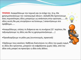 ΤΡΟΠΟΣ : Αναγγέλλουμε την τεχνική και το στόχο της. (π.χ. Θα χρησιμοποιήσουμε τον «καταιγισμό ιδεών». Δηλαδή θα προτείνουμε όσες περισσότερες ιδέες μπορούμε ως απάντηση στην ερώτηση……..Οι ιδέες αυτές θα μας επιτρέψουν να λύσουμε / απαντήσουμε στο πρόβλημα…… Αναγγέλλουμε, επίσης τη διάρκεια και τη συνέχεια (15΄ περίπου, θα ταξινομήσουμε τις ιδέες και θα τις χρησιμοποιήσουμε…..) Προσδιορίζουμε το ρόλο μας (συντονισμός, πρακτικά) Ορίζουμε τους κανόνες: Καθένας διατυπώνει τις ιδέες του χωρίς ειρμό, οι ιδέες δεν κρίνονται, μπορούν να εκφράζονται χωρίς τάξη, από την ιδέα ενός μπορεί να προκύψει η ιδέα ενός άλλου. 
