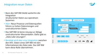 Integration neuer Daten
• Basis des SAP BW bleibt weiterhin die
Integration
strukturierter Daten aus operativen
Systemen
• Aber: Neue Prozesse und Datenquellen
führen zu hohen Datenmengen und
unstrukturierten Daten.
• Das SAP BW ist keine Lösung zur Ablage
unstrukturierter Massendaten. Dafür gibt es
„Data Lake Lösungen“.
• Benötigt wird aber eine Integration zwischen
den kfm. Daten eines SAP BW mit den
Informationen des Data Lake. Das SAP BW
kann diese Rolle übernehmen.
ISR Information Products AG | isr.de12
 