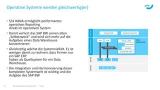 Operative Systeme werden gleichwertig(er)
• S/4 HANA ermöglicht performantes
operatives Reporting
direkt im operativen System
• Damit verliert das SAP BW seinen alten
„Selbstzweck“ und wird sich mehr auf die
Aufgaben eines Data Warehouse
konzentrieren
• Gleichzeitig wächst die Systemvielfalt. Es ist
weniger damit zu rechnen, dass Firmen nur
ein SAP ERP
haben als Quellsystem für ein Data
Warehouse.
• Die Integration und Harmonisierung dieser
komplexen Systemwelt ist wichtig und die
Aufgabe des SAP BW
ISR Information Products AG | isr.de13
 