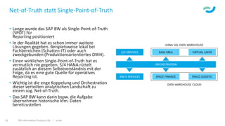 Net-of-Truth statt Single-Point-of-Truth
• Lange wurde das SAP BW als Single-Point-of-Truth
(SPOT) für
Reporting positioniert
• In der Realität hat es schon immer weitere
Lösungen gegeben. Beispielsweise lokal bei
Fachbereichen (Schatten-IT) oder auch
zweckgebunden (Produktionsorientiertes DWH).
• Einen wirklichen Single-Point-of-Truth hat es
vermutlich nie gegeben. S/4 HANA rüttelt
zusätzlich an diesem Selbstverständnis mit der
Folge, da es eine gute Quelle für operatives
Reporting ist.
• Wichtig ist die enge Koppelung und Orchestration
dieser verteilten analytischen Landschaft zu
einem sog. Net-of-Truth.
• Das SAP BW kann darin bspw. die Aufgabe
übernehmen historische kfm. Daten
bereitzustellen
ISR Information Products AG | isr.de14
 
