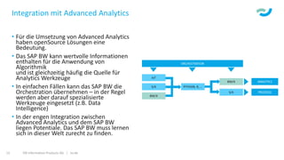 Integration mit Advanced Analytics
• Für die Umsetzung von Advanced Analytics
haben openSource Lösungen eine
Bedeutung.
• Das SAP BW kann wertvolle Informationen
enthalten für die Anwendung von
Algorithmik
und ist gleichzeitig häufig die Quelle für
Analytics Werkzeuge
• In einfachen Fällen kann das SAP BW die
Orchestration übernehmen – in der Regel
werden aber darauf spezialisierte
Werkzeuge eingesetzt (z.B. Data
Intelligence)
• In der engen Integration zwischen
Advanced Analytics und dem SAP BW
liegen Potentiale. Das SAP BW muss lernen
sich in dieser Welt zurecht zu finden.
ISR Information Products AG | isr.de15
 