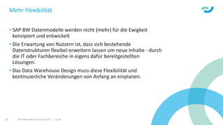 ISR Information Products AG | isr.de10
Mehr Flexibilität
• SAP BW Datenmodelle werden nicht (mehr) für die Ewigkeit
konzipiert und entwickelt
• Die Erwartung von Nutzern ist, dass sich bestehende
Datenstrukturen flexibel erweitern lassen um neue Inhalte - durch
die IT oder Fachbereiche in eigens dafür bereitgestellten
Lösungen.
• Das Data Warehouse Design muss diese Flexibilität und
kontinuierliche Veränderungen von Anfang an einplanen.
 