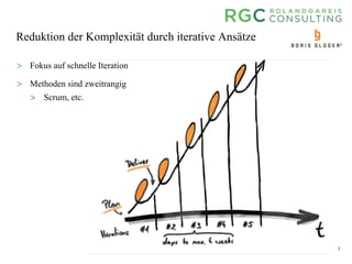 3
Reduktion der Komplexität durch iterative Ansätze
> Fokus auf schnelle Iteration
> Methoden sind zweitrangig
> Scrum, etc.
 