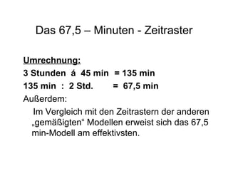 Das 67,5 – Minuten - Zeitraster Umrechnung: 3 Stunden  á  45 min = 135 min 135 min  :  2 Std.  =  67,5 min Außerdem:  Im Vergleich mit den Zeitrastern der anderen „gemäßigten“ Modellen erweist sich das 67,5 min-Modell am effektivsten.  