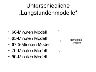 Unterschiedliche „Langstundenmodelle“ 60-Minuten Modell 65-Minuten Modell 67,5-Minuten Modell  70-Minuten Modell 90-Minuten Modell „ gemäßigte“ Modelle 