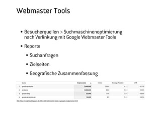 Webmaster Tools
  Besucherquellen > Suchmaschinenoptimierung nach Verlinkung mit
  Google Webmaster Tools
  Reports
     Suchanfragen
     Zielseiten
     Geografische Zusammenfassung




     Bild: http://analytics.blogspot.de/2011/10/webmaster-tools-in-google-analytics-for.html




                                                                                               Barcamp Stuttgart, 23. September 2012
 