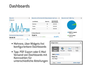 Dashboards




  Mehrere, über Widgets frei konfigurierbare
  Dashboards
  Tipp: PDF Export oder E-Mail Versand von
  Dashboards mit Kennzahlen für
  unterschiedliche Abteilungen


                                               Barcamp Stuttgart, 23. September 2012
 