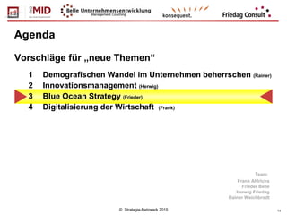 © Strategie-Netzwerk 2015 14
Agenda
1 Demografischen Wandel im Unternehmen beherrschen (Rainer)
2 Innovationsmanagement (Herwig)
3 Blue Ocean Strategy (Frieder)
4 Digitalisierung der Wirtschaft (Frank)
Vorschläge für „neue Themen“
Team:
Frank Ahlrichs
Frieder Belle
Herwig Friedag
Rainer Weichbrodt
 