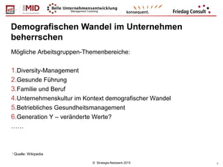 © Strategie-Netzwerk 2015 7
Demografischen Wandel im Unternehmen
beherrschen
1
Quelle: Wikipedia
Mögliche Arbeitsgruppen-Themenbereiche:
1.Diversity-Management
2.Gesunde Führung
3.Familie und Beruf
4.Unternehmenskultur im Kontext demografischer Wandel
5.Betriebliches Gesundheitsmanagement
6.Generation Y – veränderte Werte?
……
 