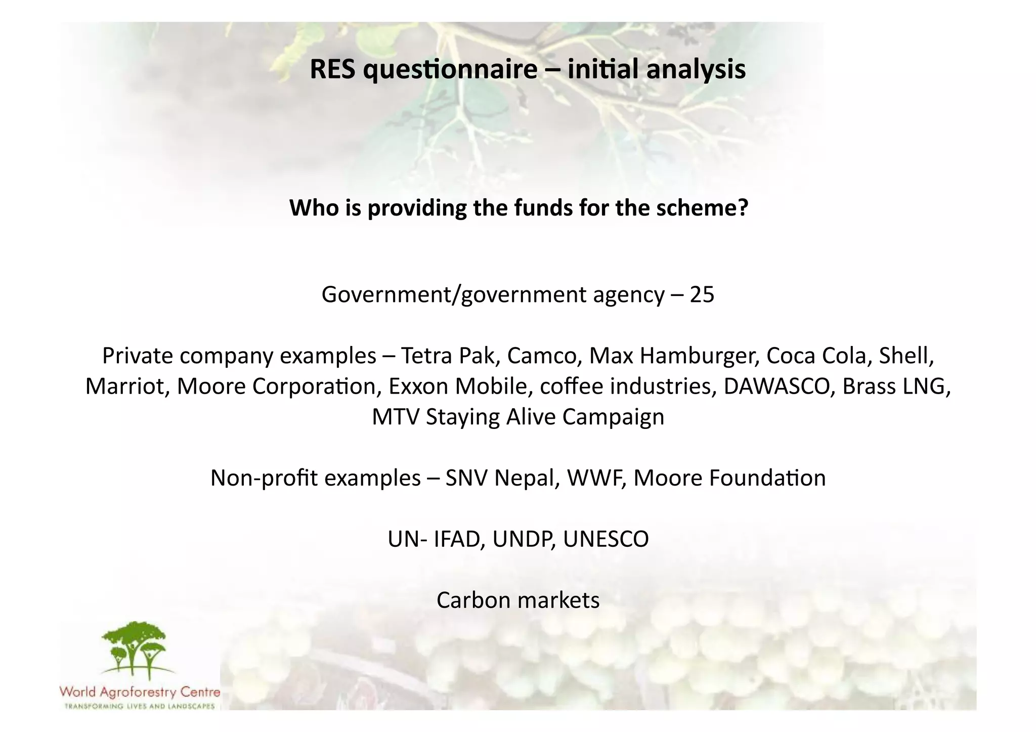 RES	
  ques/onnaire	
  –	
  ini/al	
  analysis	
  



                          Who	
  is	
  providing	
  the	
  funds	
  for	
  the	
  scheme?	
  


                               Government/government	
  agency	
  –	
  25	
  

 Private	
  company	
  examples	
  –	
  Tetra	
  Pak,	
  Camco,	
  Max	
  Hamburger,	
  Coca	
  Cola,	
  Shell,	
  
Marriot,	
  Moore	
  Corpora-on,	
  Exxon	
  Mobile,	
  coﬀee	
  industries,	
  DAWASCO,	
  Brass	
  LNG,	
  
                               MTV	
  Staying	
  Alive	
  Campaign	
  

                Non-­‐proﬁt	
  examples	
  –	
  SNV	
  Nepal,	
  WWF,	
  Moore	
  Founda-on	
  	
  

                                        UN-­‐	
  IFAD,	
  UNDP,	
  UNESCO	
  

                                               Carbon	
  markets	
  
 
