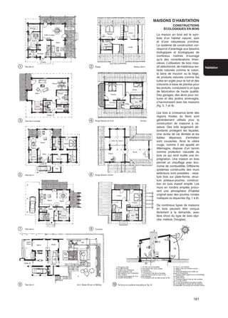 181
Habitation
MAISONS D’HABITATION
CONSTRUCTIONS
ÉCOLOGIQUES EN BOIS
La maison en bois est le sym-
bole d’un habitat naturel, sain
et d’une robustesse primitive.
Le système de construction cor-
respond d’avantage aux besoins
biologiques et écologiques de
nombreux maîtres d’ouvrage
qu’à des considérations finan-
cières. L’utilisation de bois mas-
sif sélectionné, de matériaux iso-
lants naturels comme le coton,
la laine de mouton ou le liège,
de produits naturels comme les
tuiles en argile pour le toit et des
colorants à base de plantes pour
les enduits, conduisent à un type
de fabrication de haute qualité.
Des garages, des abris pour voi-
tures et des jardins aménagés,
s’harmonisent avec les maisons
(fig. 5, 7 et 9).
Les bois à croissance lente des
régions froides du Nord sont
généralement utilisés pour la
construction de maisons à os-
sature. Des toits largement dé-
bordants protègent les façades.
Une durée de vie illimitée et les
faibles dépenses d’entretien
sont courantes. Ainsi le cèdre
rouge, comme il est appelé en
Allemagne, dispose d’un tannin
comme protection naturelle du
bois ce qui rend inutile une im-
prégnation. Une maison en bois
permet un chauffage avec éco-
nomie de combustible. Différents
systèmes constructifs des murs
extérieurs sont possibles : ossa-
ture bois sur plate-forme, struc-
ture poteaux-poutres, construc-
tion en bois massif empilé. Les
murs en rondins empilés procu-
rent une atmosphère d’habitat
originel avec des poutres rondes
rustiques ou équarries (fig. 1 à 8).
De nombreux types de maisons
en bois peuvent être conçus
librement à la demande, avec
libre choix du type de bois (épi-
céa, mélèze, Douglas).
 