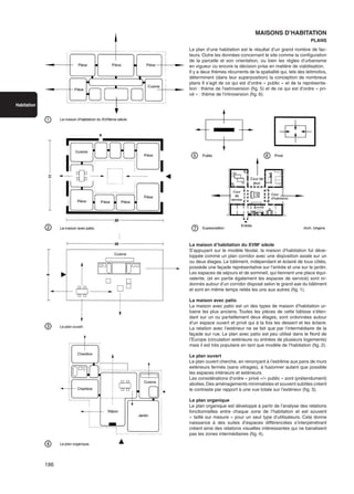 186
Habitation
MAISONS D’HABITATION
PLANS
Le plan d’une habitation est le résultat d’un grand nombre de fac-
teurs. Outre les données concernant le site comme la configuration
de la parcelle et son orientation, ou bien les règles d’urbanisme
en vigueur ou encore la décision prise en matière de viabilisation.
Il y a deux thèmes récurrents de la spatialité qui, tels des leitmotivs,
déterminent (dans leur superposition) la conception de nombreux
plans Il s’agit de ce qui est d’ordre « public » et de la représenta-
tion : thème de l’extroversion (fig. 5) et de ce qui est d’ordre « pri-
vé » : thème de l’introversion (fig. 6).
La maison d’habitation du XVIIIe
siècle
S’appuyant sur le modèle féodal, la maison d’habitation fut déve-
loppée comme un plan corridor avec une disposition axiale sur un
ou deux étages. Le bâtiment, indépendant et éclairé de tous côtés,
possède une façade représentative sur l’entrée et une sur le jardin.
Les espaces de séjours et de sommeil, qui tiennent une place équi-
valente, (et en partie également les espaces de service) sont or-
donnés autour d’un corridor disposé selon le grand axe du bâtiment
et sont en même temps reliés les uns aux autres (fig. 1).
La maison avec patio
La maison avec patio est un des types de maison d’habitation ur-
baine les plus anciens. Toutes les pièces de cette bâtisse s’éten-
dant sur un ou partiellement deux étages, sont ordonnées autour
d’un espace ouvert et privé qui à la fois les dessert et les éclaire.
La relation avec l’extérieur ne se fait que par l’intermédiaire de la
façade sur rue. Le plan avec patio est peu utilisé dans le Nord de
l’Europe (circulation extérieure ou entrées de plusieurs logements)
mais il est très populaire en tant que modèle de l’habitation (fig. 2).
Le plan ouvert
Le plan ouvert cherche, en renonçant à l’extrême aux pans de murs
extérieurs fermés (sans vitrages), à fusionner autant que possible
les espaces intérieurs et extérieurs.
Les considérations d’ordre « privé »/« public » sont (prétendument)
abolies.Des aménagements minimalistes et souvent subtiles créent
le contraste par rapport à une vue totale sur l’extérieur (fig. 3).
Le plan organique
Le plan organique est développé à partir de l’analyse des relations
fonctionnelles entre chaque zone de l’habitation et est souvent
« taillé sur mesure » pour un seul type d’utilisateurs. Cela donne
naissance à des suites d’espaces différenciées s’interpénétrant
créant ainsi des relations visuelles intéressantes qui ne banalisent
pas les zones intermédiaires (fig. 4).
 