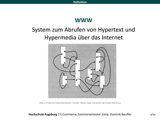 Definition




                 WWW
  System zum Abrufen von Hypertext und 
       Hypermedia über das Internet




       Abb. 3: Einfaches Hypertext‐System | Quelle: Nelson 1974, Computer Lib/ Dream Machines




Hochschule Augsburg | E‐Commerce, Sommersemester 2009: Dominik Neuffer                          3/50
 