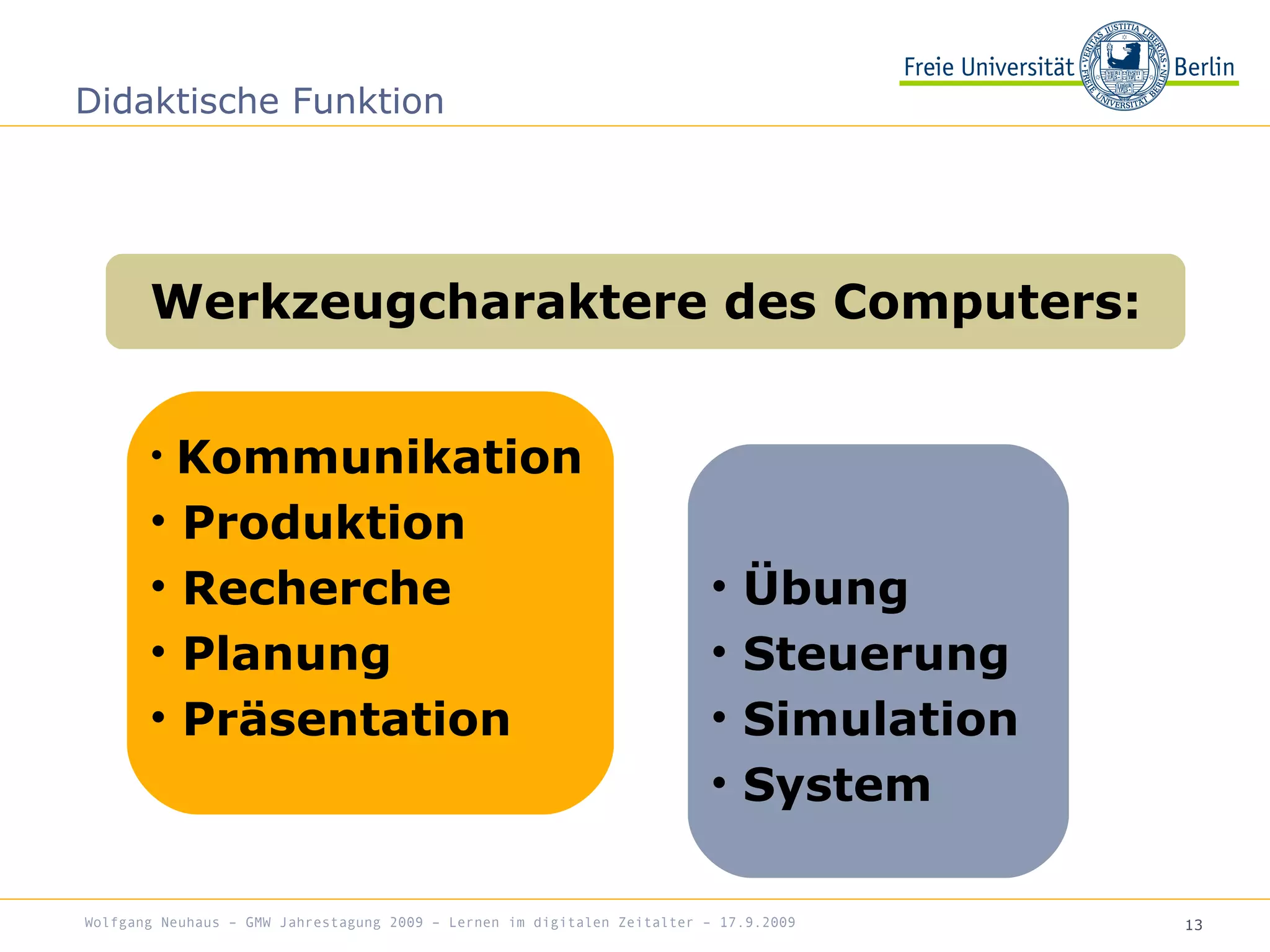 13
Didaktische Funktion
Werkzeugcharaktere des Computers:
• Kommunikation
• Produktion
• Recherche
• Planung
• Präsentation
• Übung
• Steuerung
• Simulation
• System
Wolfgang Neuhaus – GMW Jahrestagung 2009 – Lernen im digitalen Zeitalter – 17.9.2009
 