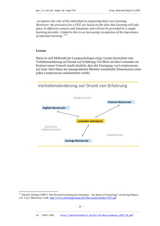 Web 2.0 und der Kampf der Begriffe                      Blog Mediendidaktik|2007
              _________________________________________________________________________________



               recognises the role of the individual in organising their own learning.
              Moreover, the pressures for a PLE are based on the idea that learning will take
              place in different contexts and situations and will not be provided by a single
              learning provider. Linked to this is an increasing recognition of the importance
              of informal learning.”14



              Lernen

              Darin ist sich Mehrzahl der Lernpsychologen einig: Lernen bezeichnet eine
              Verhaltensänderung auf Grund von Erfahrung. Ein Blick auf den Lernenden im
              Kontext seiner Umwelt macht deutlich, dass die Einengung von Lernprozessen
              auf reine Aktivitäten am mausgestützten Monitor wesentliche Dimensionen eines
              jeden Lernprozesses ausklammern würde:




14
  Attwell, Graham (2007). The Personal Learning Environments – the future of eLearning? eLearning Papers ,
vol. 2 no.1 Barcelona Link: http://www.elearningeuropa.info/files/media/media11561.pdf


                                                  - 12 -

              _________________________________________________________________________________
              ID - 0407-1401        http://mediendidaktik.port07.de/docs/neuhaus_2007_04.pdf
 
