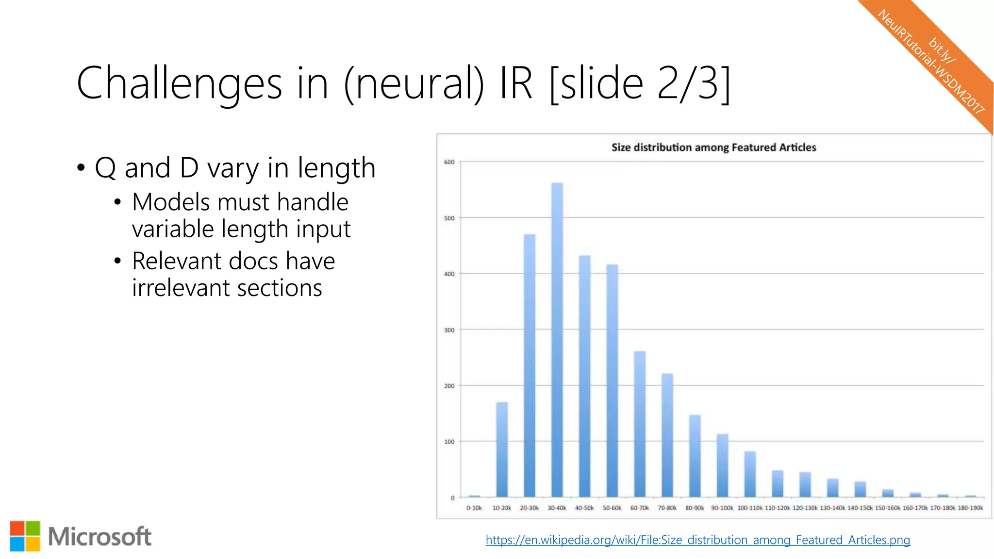 Challenges in (neural) IR [slide 2/3]
• Q and D vary in length
• Models must handle
variable length input
• Relevant docs have
irrelevant sections
https://en.wikipedia.org/wiki/File:Size_distribution_among_Featured_Articles.png
 