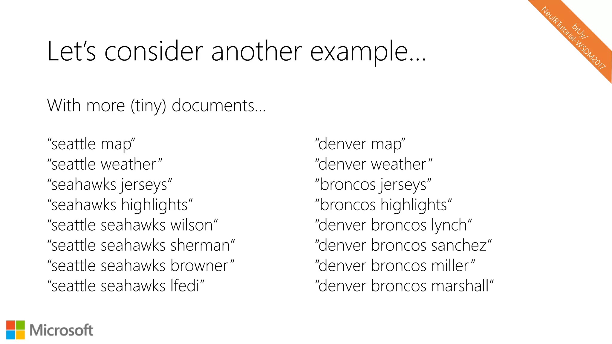 Let’s consider another example…
“seattle map”
“seattle weather”
“seahawks jerseys”
“seahawks highlights”
“seattle seahawks wilson”
“seattle seahawks sherman”
“seattle seahawks browner”
“seattle seahawks lfedi”
“denver map”
“denver weather”
“broncos jerseys”
“broncos highlights”
“denver broncos lynch”
“denver broncos sanchez”
“denver broncos miller”
“denver broncos marshall”
With more (tiny) documents…
 