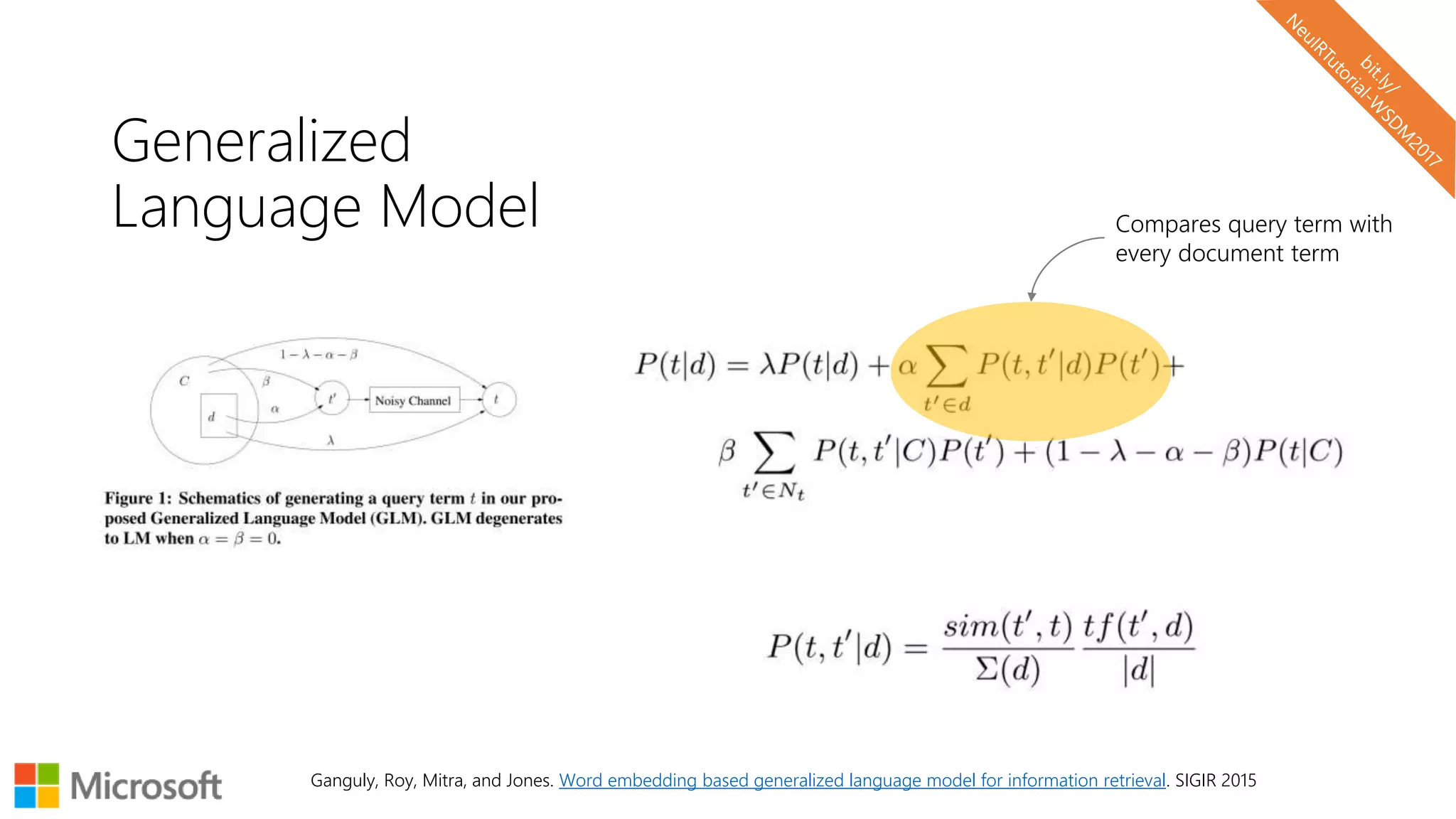 Generalized
Language Model
Ganguly, Roy, Mitra, and Jones. Word embedding based generalized language model for information retrieval. SIGIR 2015
Compares query term with
every document term
 