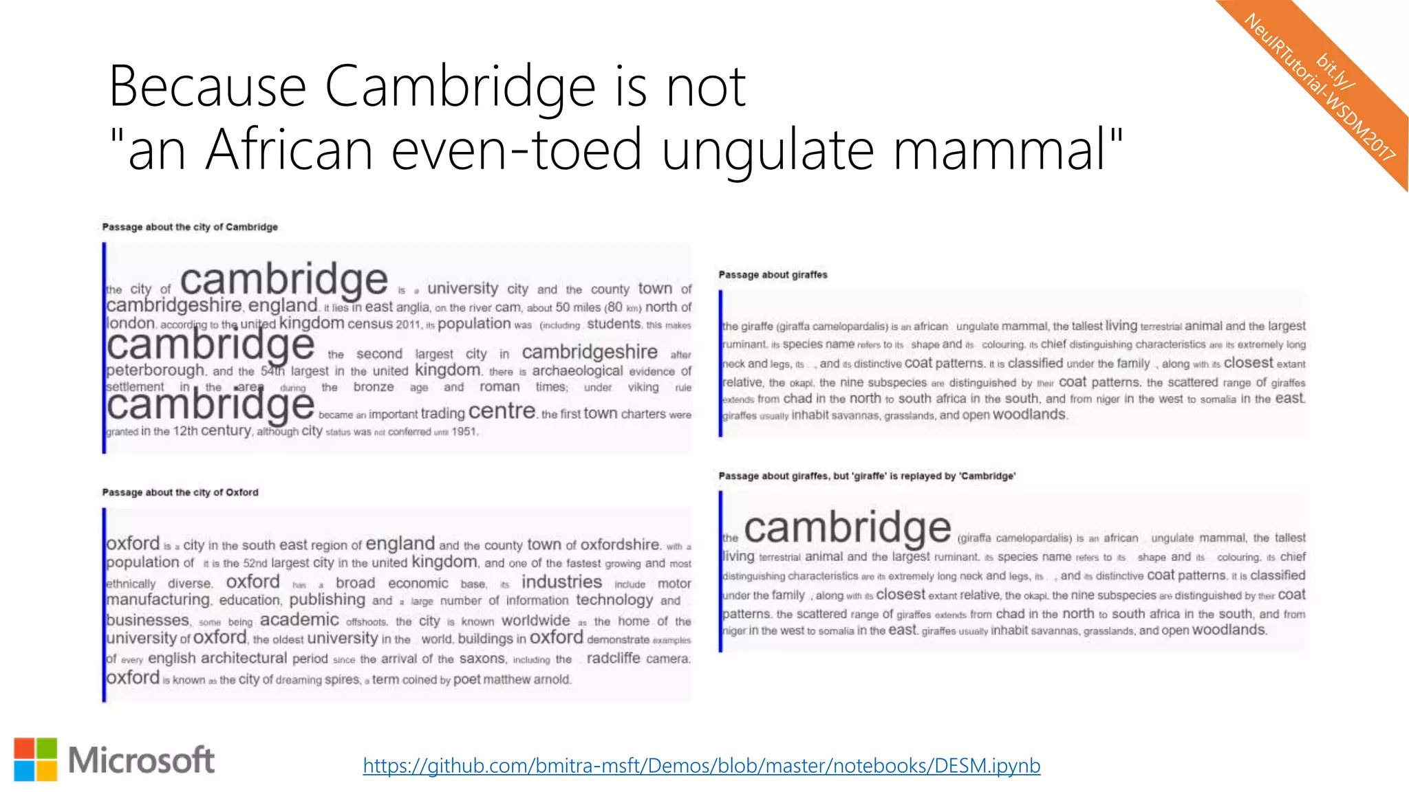 Because Cambridge is not
"an African even-toed ungulate mammal"
https://github.com/bmitra-msft/Demos/blob/master/notebooks/DESM.ipynb
 