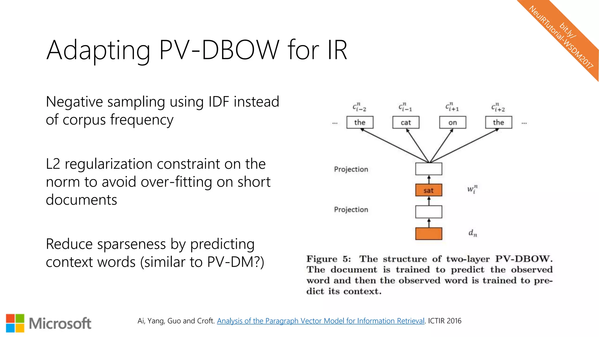 Adapting PV-DBOW for IR
Negative sampling using IDF instead
of corpus frequency
L2 regularization constraint on the
norm to avoid over-fitting on short
documents
Reduce sparseness by predicting
context words (similar to PV-DM?)
Ai, Yang, Guo and Croft. Analysis of the Paragraph Vector Model for Information Retrieval. ICTIR 2016
 