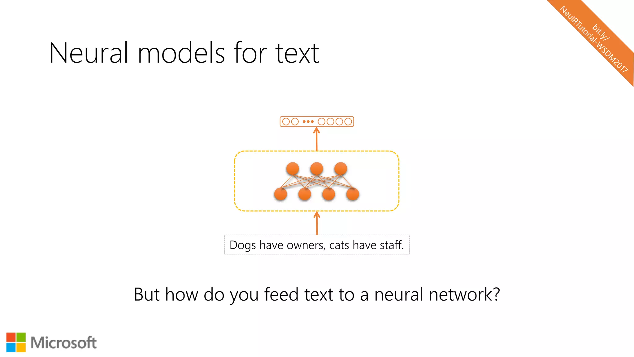 Neural models for text
But how do you feed text to a neural network?
Dogs have owners, cats have staff.
 