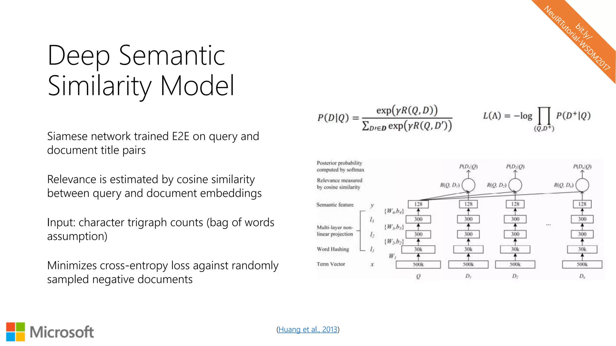 Deep Semantic
Similarity Model
Siamese network trained E2E on query and
document title pairs
Relevance is estimated by cosine similarity
between query and document embeddings
Input: character trigraph counts (bag of words
assumption)
Minimizes cross-entropy loss against randomly
sampled negative documents
(Huang et al., 2013)
 