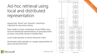 (Mitra et al., 2017)
Ad-hoc retrieval using
local and distributed
representation
Argues both “lexical” and “semantic” matching is
important for document ranking
Duet model is a linear combination of two DNNs using
local and distributed representations of query/document
as inputs, and jointly trained on labelled data
Local model operates on lexical interaction matrix
Distributed model operates on n-graph representation of
query and document text
 