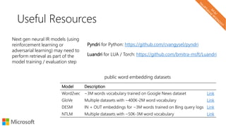 Useful Resources
Pyndri for Python: https://github.com/cvangysel/pyndri
Luandri for LUA / Torch: https://github.com/bmitra-msft/Luandri
public word embedding datasets
Model Description
Word2vec ~3M words vocabulary trained on Google News dataset Link
GloVe Multiple datasets with ~400K-2M word vocabulary Link
DESM IN + OUT embeddings for ~3M words trained on Bing query logs Link
NTLM Multiple datasets with ~50K-3M word vocabulary Link
Next gen neural IR models (using
reinforcement learning or
adversarial learning) may need to
perform retrieval as part of the
model training / evaluation step
 