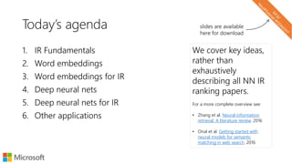 Today’s agenda
1. IR Fundamentals
2. Word embeddings
3. Word embeddings for IR
4. Deep neural nets
5. Deep neural nets for IR
6. Other applications
We cover key ideas,
rather than
exhaustively
describing all NN IR
ranking papers.
For a more complete overview see:
• Zhang et al. Neural information
retrieval: A literature review. 2016
• Onal et al. Getting started with
neural models for semantic
matching in web search. 2016
slides are available
here for download
 