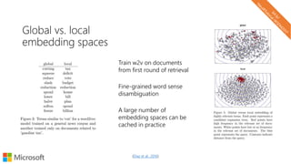Global vs. local
embedding spaces
Train w2v on documents
from first round of retrieval
Fine-grained word sense
disambiguation
A large number of
embedding spaces can be
cached in practice
(Diaz et al., 2016)
 