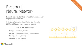 Recurrent
Neural Network
Similar to a convolution layer but additional dependency
on previous hidden state
A simple cell operation shown below but others like
LSTM and GRUs are more popular in practice,
ℎ𝑖 = 𝜎 𝑊𝑋𝑖 + 𝑈ℎ𝑖−1 + 𝑏
Full Input [words x in_channels]
Cell Input [window x in_channels] + [1 x out_channels]
Cell Output [1 x out_channels]
Full Output [1 x out_channels]
𝑋𝑖
ℎ𝑖ℎ𝑖−1
output
 