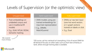 Levels of Supervision (or the optimistic view)
Unsupervised
• Train embeddings on
unlabeled corpus and
use in traditional IR
models
• E.g., GLM, NTLM, DESM,
Semantic hashing
Semi-supervised
• DNN models using pre-
trained embeddings for
input text representation
• E.g., DRMM,
MatchPyramid
Fully supervised
• DNNs w/ raw text input
(one-hot word vectors
or n-graph vectors)
trained on labels or click
• E.g., Duet
*Of course, ad-hoc retrieval isn’t everything. A lot of recent DNN for
IR literature focuses on other tasks such as short-text similarity or
QnA, where enough training data is available.
We covered
most of these
 