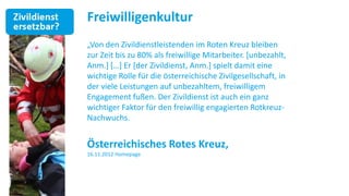 Freiwilligenkultur
„Von den Zivildienstleistenden im Roten Kreuz bleiben
zur Zeit bis zu 80% als freiwillige Mitarbeiter. [unbezahlt,
Anm.+ *…+ Er *der Zivildienst, Anm.+ spielt damit eine
wichtige Rolle für die österreichische Zivilgesellschaft, in
der viele Leistungen auf unbezahltem, freiwilligem
Engagement fußen. Der Zivildienst ist auch ein ganz
wichtiger Faktor für den freiwillig engagierten Rotkreuz-
Nachwuchs.


Österreichisches Rotes Kreuz,
16.11.2012 Homepage
 