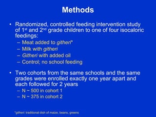 Methods
• Randomized, controlled feeding intervention study
  of 1st and 2nd grade children to one of four isocaloric
  fe...