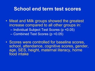 School end term test scores

• Meat and Milk groups showed the greatest
  increase compared to all other groups in:
  – In...