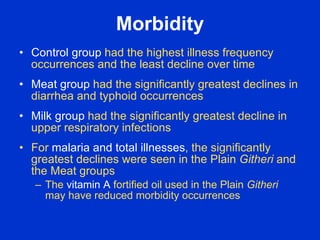 Morbidity
• Control group had the highest illness frequency
  occurrences and the least decline over time
• Meat group had...