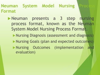 Neuman System Model Nursing Process
Format
 Neuman presents a 3 step nursing
process format, known as the Neuman
System Model Nursing Process Format.
Nursing Diagnosis (assessment and diagnosis)
Nursing Goals (plan and expected outcomes)
Nursing Outcomes (implementation and
evaluation)
 