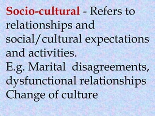 Socio-cultural - Refers to
relationships and
social/cultural expectations
and activities.
E.g. Marital disagreements,
dysfunctional relationships
Change of culture
 