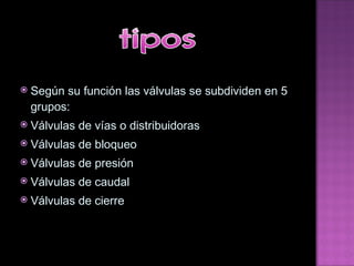 Según su función las válvulas se subdividen en 5 grupos: Válvulas de vías o distribuidoras Válvulas de bloqueo Válvulas de presión Válvulas de caudal Válvulas de cierre 