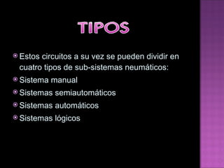 Estos circuitos a su vez se pueden dividir en cuatro tipos de sub-sistemas neumáticos: Sistema manual Sistemas semiautomáticos Sistemas automáticos Sistemas lógicos 