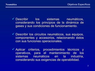 Objetivos Específicos Describir los sistemas neumáticos, considerando los principios de la dinámica de gases y sus condiciones de funcionamiento. Describir los circuitos neumáticos, sus equipos, componentes y accesorios, relacionando éstos con sus funciones operacionales. Aplicar criterios ,  procedimientos técnicos y operativos, para el mantenimiento de  los  sistemas neumáticos  en la industria, considerando sus exigencias de operabilidad. 