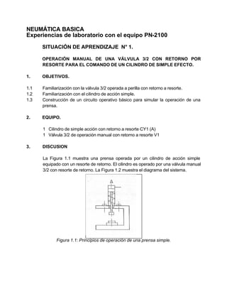 NEUMÁTICA BASICA
Experiencias de laboratorio con el equipo PN-2100

      SITUACIÓN DE APRENDIZAJE N° 1.

      OPERACIÓN MANUAL DE UNA VÁLVULA 3/2 CON RETORNO POR
      RESORTE PARA EL COMANDO DE UN CILINDRO DE SIMPLE EFECTO.

1.    OBJETIVOS.

1.1   Familiarización con la válvula 3/2 operada a perilla con retorno a resorte.
1.2   Familiarización con el cilindro de acción simple.
1.3   Construcción de un circuito operativo básico para simular la operación de una
      prensa.

2.    EQUIPO.

      1 Cilindro de simple acción con retorno a resorte CY1 (A)
      1 Válvula 3/2 de operación manual con retorno a resorte V1

3.    DISCUSION

      La Figura 1.1 muestra una prensa operada por un cilindro de acción simple
      equipado con un resorte de retorno. El cilindro es operado por una válvula manual
      3/2 con resorte de retorno. La Figura 1.2 muestra el diagrama del sistema.




            Figura 1.1: Principios de operación de una prensa simple.
 